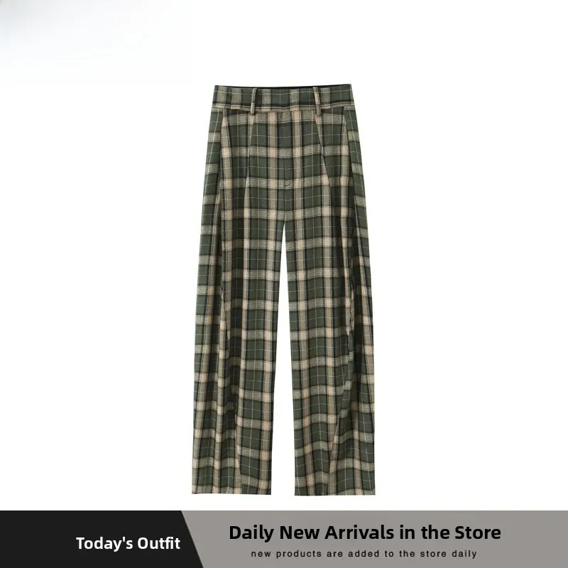 Faionable Casual Plaid Pants for Women Street Sle Straight Leg l Waist Zipper Polyester Fiber Durable Ladies Trousers