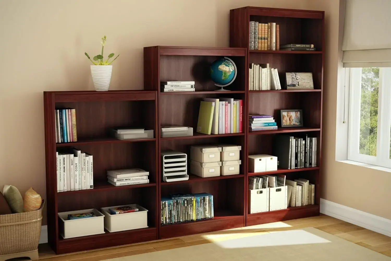 Librería L Axess de 5 estantes: cereza real fabricada en América del Norte con aglomerado laminado no tóxico