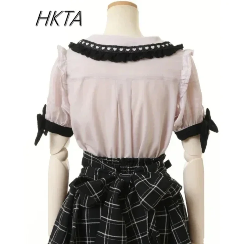 DY20로지타 스타일 레이스 보우 인형 칼라 로리타 셔츠 여름 패션 여성용 탑 스윗 라인스톤 보우 슬림 반팔 블라우스