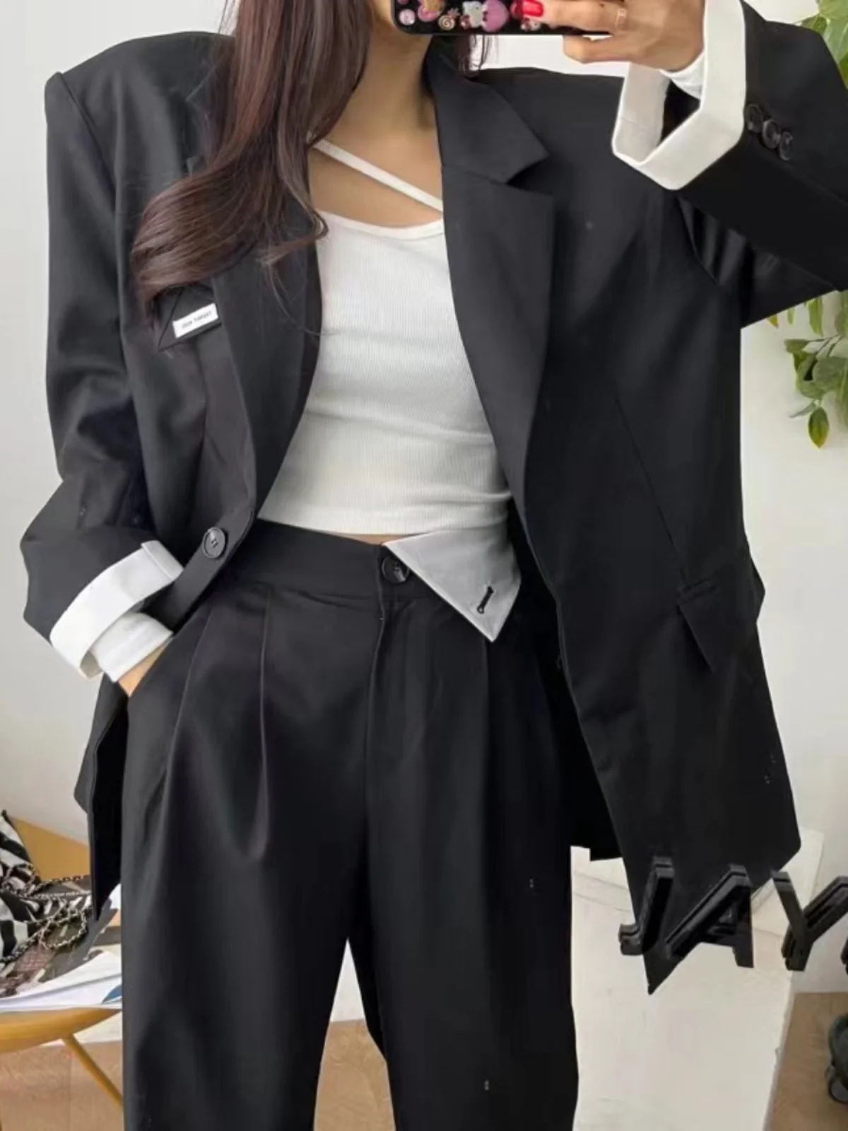 

Retro Suit Set Women's Color Blo Long Sve High Waist Straight Leg Pants Two Piece Set Faionable Workwear Polyester