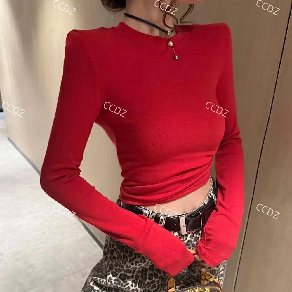 

SY'sYouthfully Винтажные футболки с короткими и длинными рукавами, женские подплечники, осенний однотонный топ с круглым вырезом, горячая милая облегающая базовая футболка