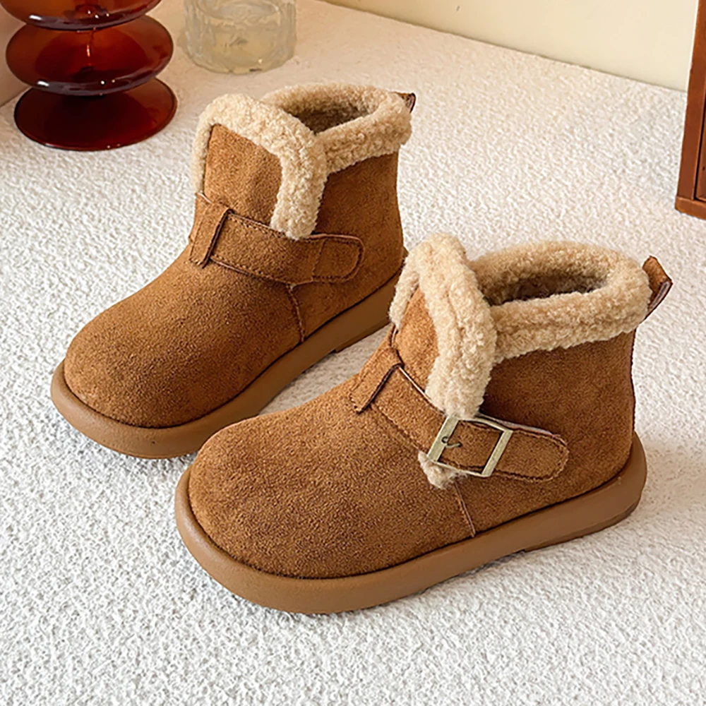 

Зимние сапоги из искусственного меха для детей, нескользящие толстые теплые детские плюшевые ботинки, трендовая модная обувь с хлопковой подкладкой для мальчиков и девочек