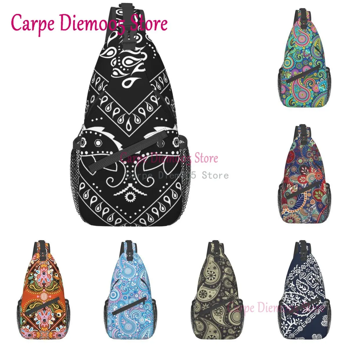 Black And White Paisley Chicano Bandana Sling Crossbody Chest Bag Men Shoulder Backpack for Hiking