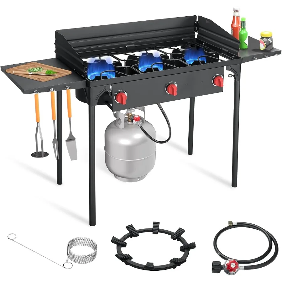 

Портативная пропановая печь с 3 конфорками, боковыми полками и ветровой панелью для кемпинга на заднем дворе и пикника с 225 000