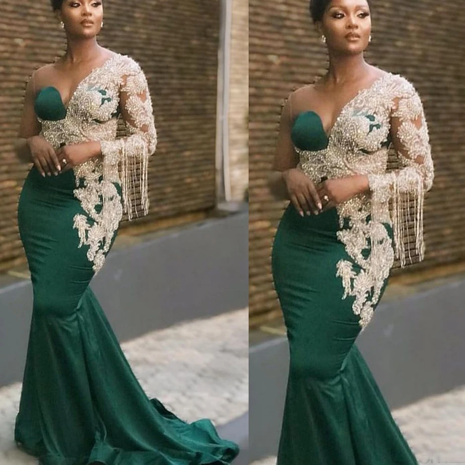 Elegant One Shoulder Sleeve Evening Dress Green Beaded Formal Party Dress Tassel Banquet Prom Dress Customization