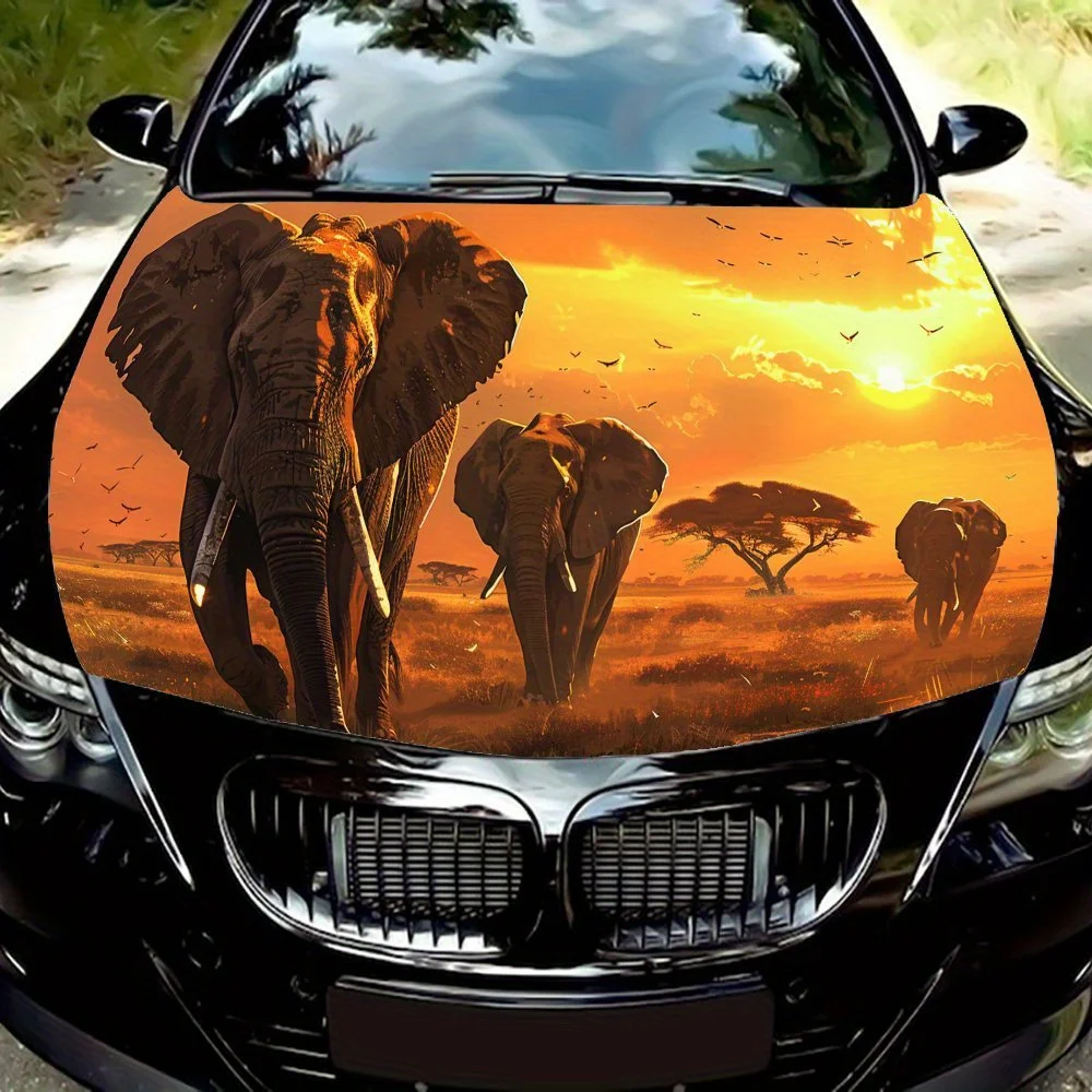 

In The Twilight, African Savannah Geese Elephants Durable Car Hood Stickers, Car Engine Hood Stickers, Suitable for Most Vehicle