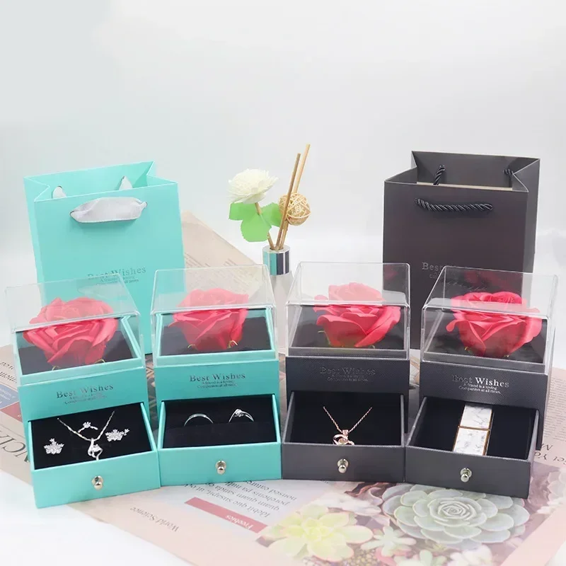 Eternal Rose Flower Gift Box Acrylic Ring Necklace Storage Boxes For Girlfriend Mother Xmas Gift Packaging Display Jewelry Case