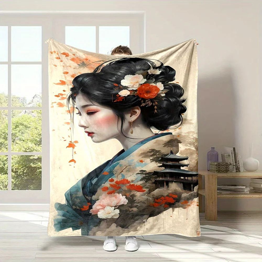 Elegant Japanese geisha pattern Flannel printed blanket suitable for all seasons suitable for living room office sofa and travel