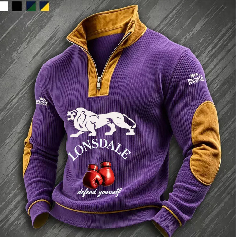 2026 hot selling autumn and winter European men's LONSDALE printed casual stand up collar polo long sleeved sweatshirt jacket