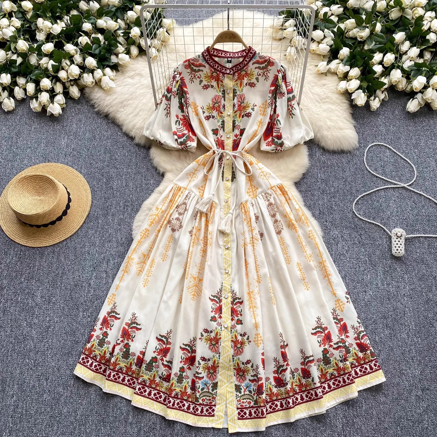 

Summer Holiday Flower Linen Robe Dress Women Short Sleeve Stand Belt A-Line Boho Party Vestido Pearls Buttons Up Maxi Clothes