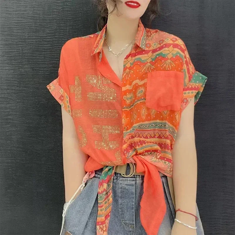 

Summer Casual Fashion Diamonds Patchwork Chiffon Shirt Lady Short Sleeve Loose All-match Buttons Tops Women Printed Blouse
