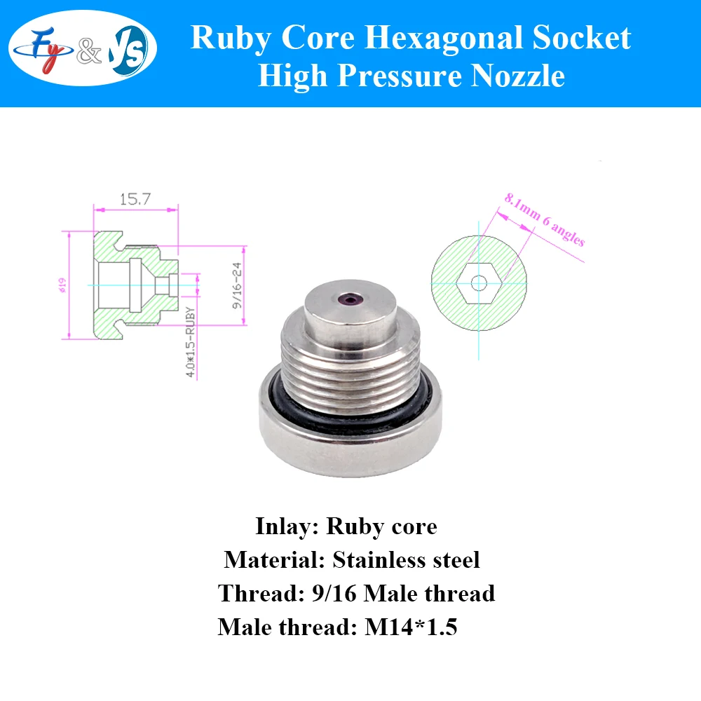 Stainless Steel Ruby Core Hexagonal Socket High Pressure Nozzle for Cleaning of Watermark Roller Paper Mill Cutting Nozzle