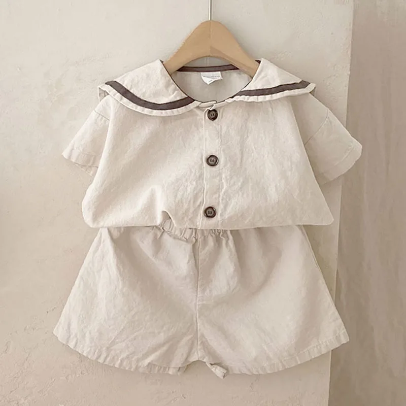 2024 Children Summer Fashion Set Sweet Baby Girl Solid Sailor Collar Short Sleeves Tops And Kid Boy Loose Simple Cotton Shorts