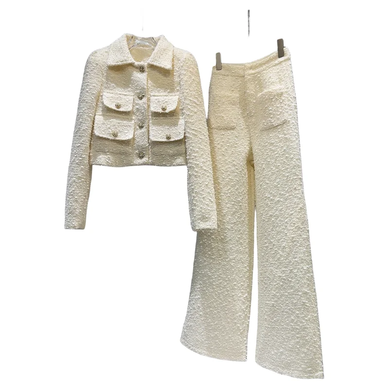 

Осень 2024, новый комплект Sle French Chic Tweed ket ort Jaet и прямые брюки, женский комплект Faion Ensemble Long Sve But...