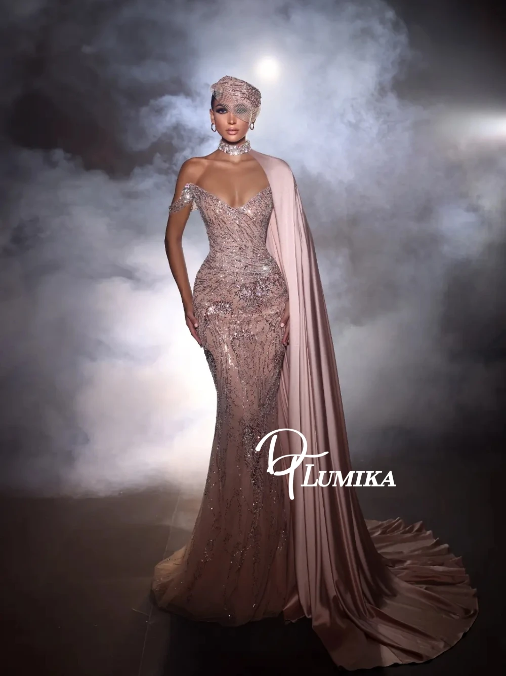 

DTLumika Pink V Neck Evening Dress Glitter Beaded Mermaid Customized Prom Gown With Side Cape Chic Sequined New Year Party Wear