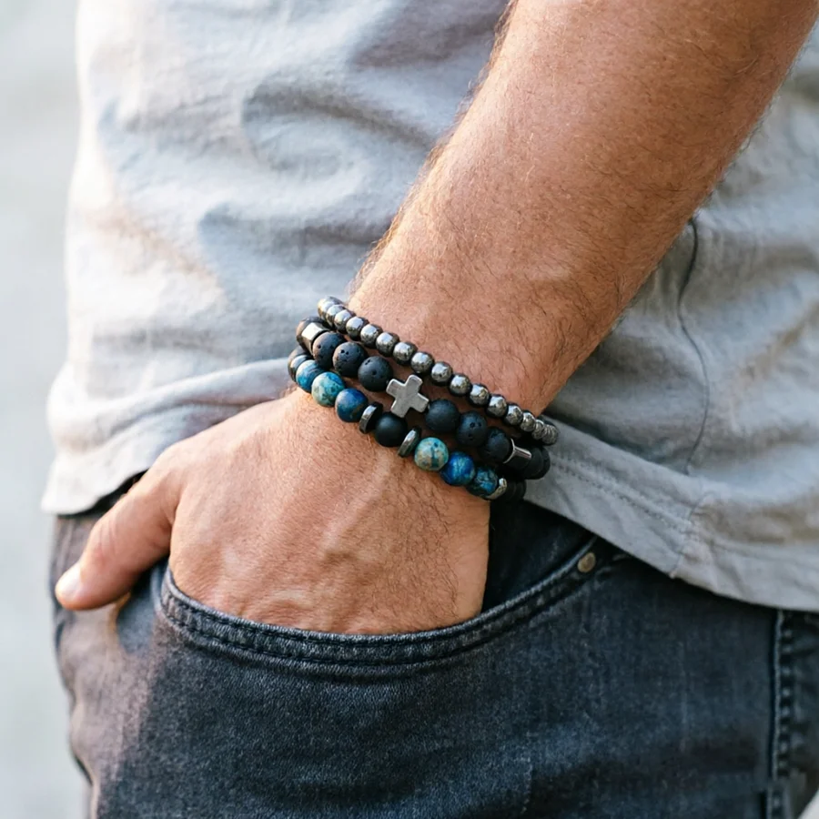 Ensemble de bracelets élégants pour hommes, 3 pièces, 6mm, pierres de lave, yeux de tigre, onyx, breloque perlée, hématite naturelle, bracelet de guérison énergétique, Joias