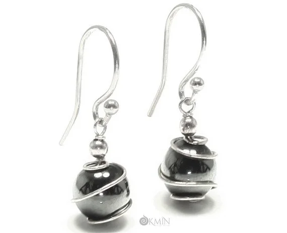 Hematite pendant earrings with sterling silver spirals made from unique hand-crafted gray gemstone gothic jewelry for her gift