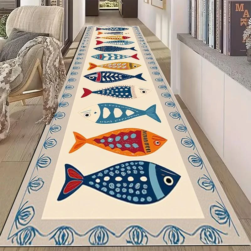 VIKAMA Cartoon Fish Runner Rug Nautical Pattern Non Slip Washable Long Floor Mat Hallway Corridor Entryway Kitchen Decor Carpet