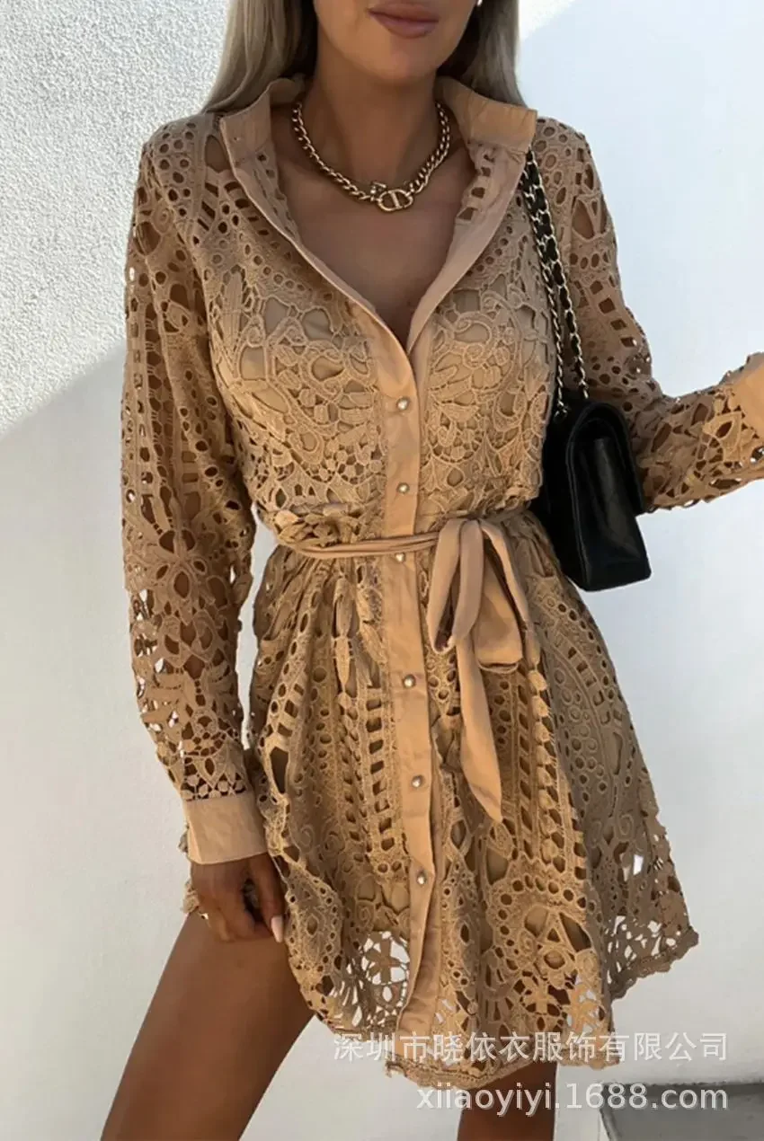 Women Sexy Dress 2024 Temperament Commuter Fashion New Strap Cardigan Lace Single-breasted Lace Shirt Waist Long Sleeved Casual