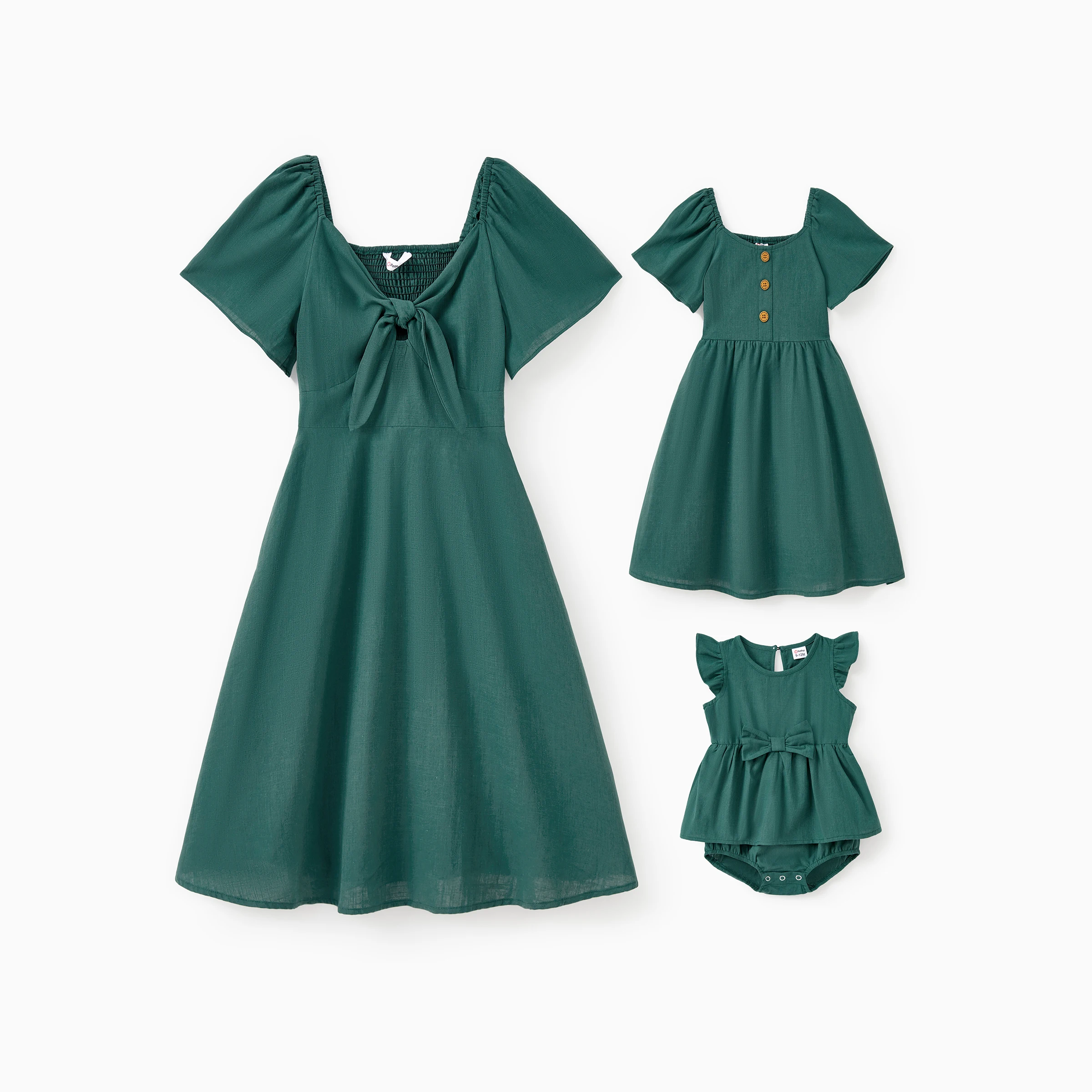 PatPat Mommy and Me 100% Cotton Muslin Green Shirred Back Twist Knot Flutter Sleeves Dress