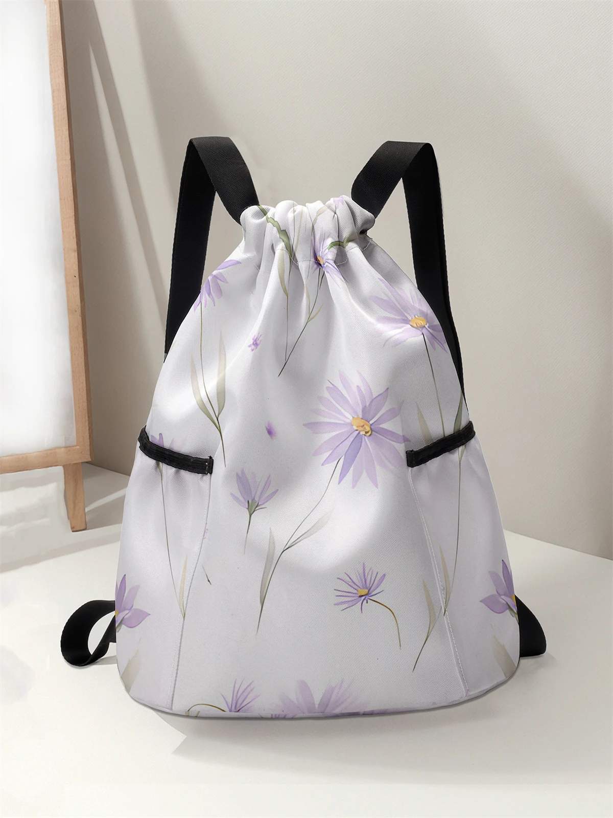 Plecak ze sznurkiem z motywem kwiatowym - duża pojemność, wytrzymała torba fitness, regulowane paski na ramię, plecak sportowy na plażę