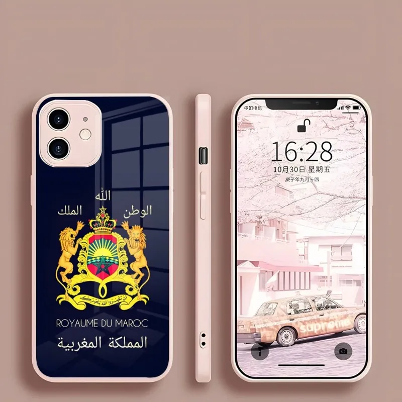 모로코 국기 팔 코트 여권 전화 케이스, 아이폰 15, 14, 13 프로 맥스, 12, 11, Xr, X, Xs 미니, 6, 7, 8 플러스, Se 유리 핑크 