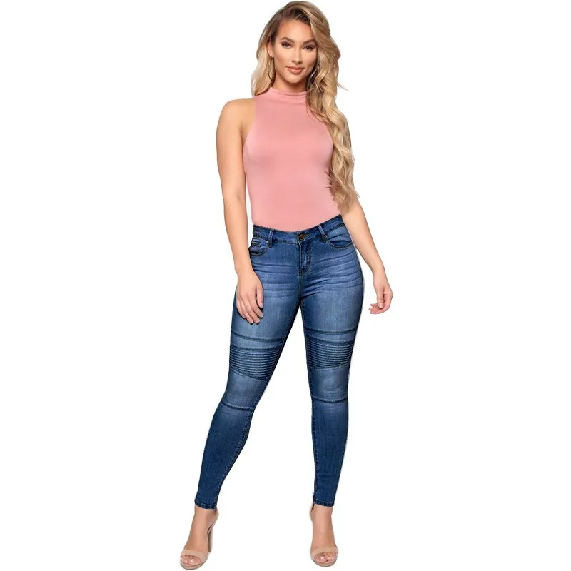 

Y2K Women Jeans Cotton Denim Pants Medium Wash Blue Mid Waist Denim Jeans Slim Fit Skinny Jeans Five Pocket Woman Women's