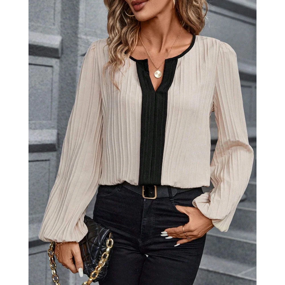 Elegant Women Colorblock Striped Long Sleeve Casual Blouse Top Spring V Cut Blouse Top Fashion Outwear Fall Clothing