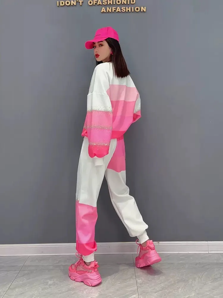 Spring Autumn Gradient Pink Diamond Tracksuit Women 2 Piece Sets Loose Sweatshirt and Elacis Waist Pant Women