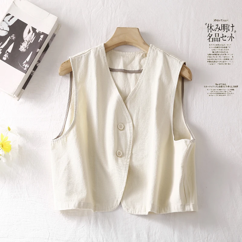 Spring Summer Women's Black Beige Cropped Vest Korean Style Fashion Streetwear Sleeveless Cotton Jacket Coat Basic Cover Ups
