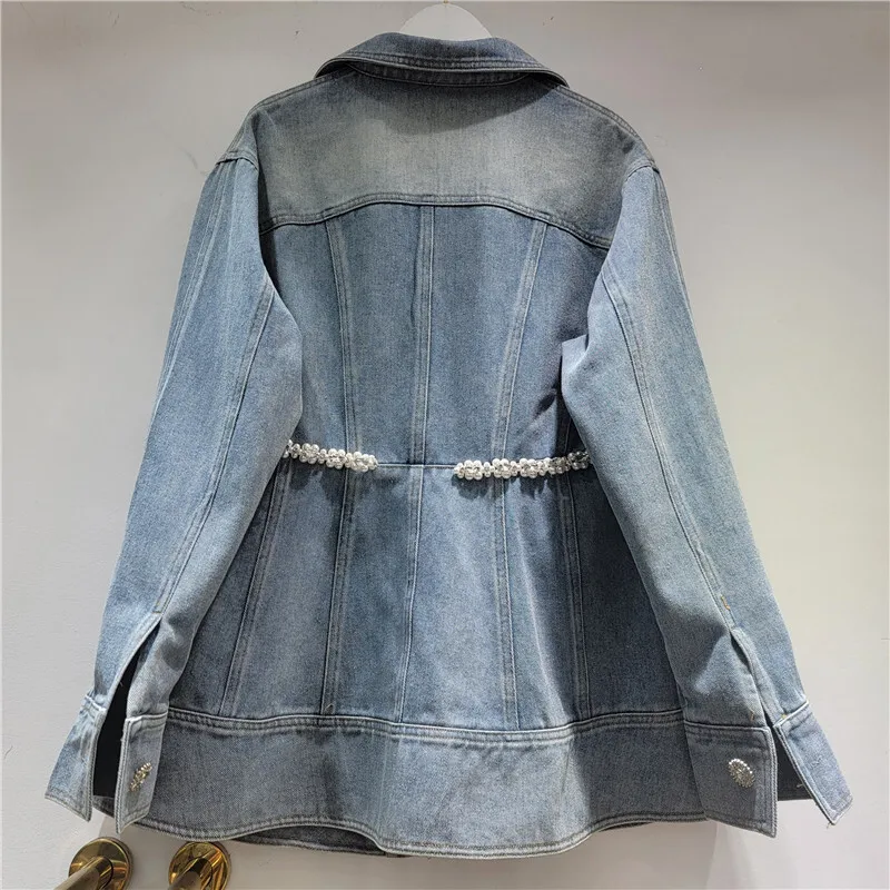 HKSH Spring Autumn New Women's Denim Jacket Studded Diamonds Beaded Single Breasted Long Sleeves Multi-pocket Retro Coat HK17465
