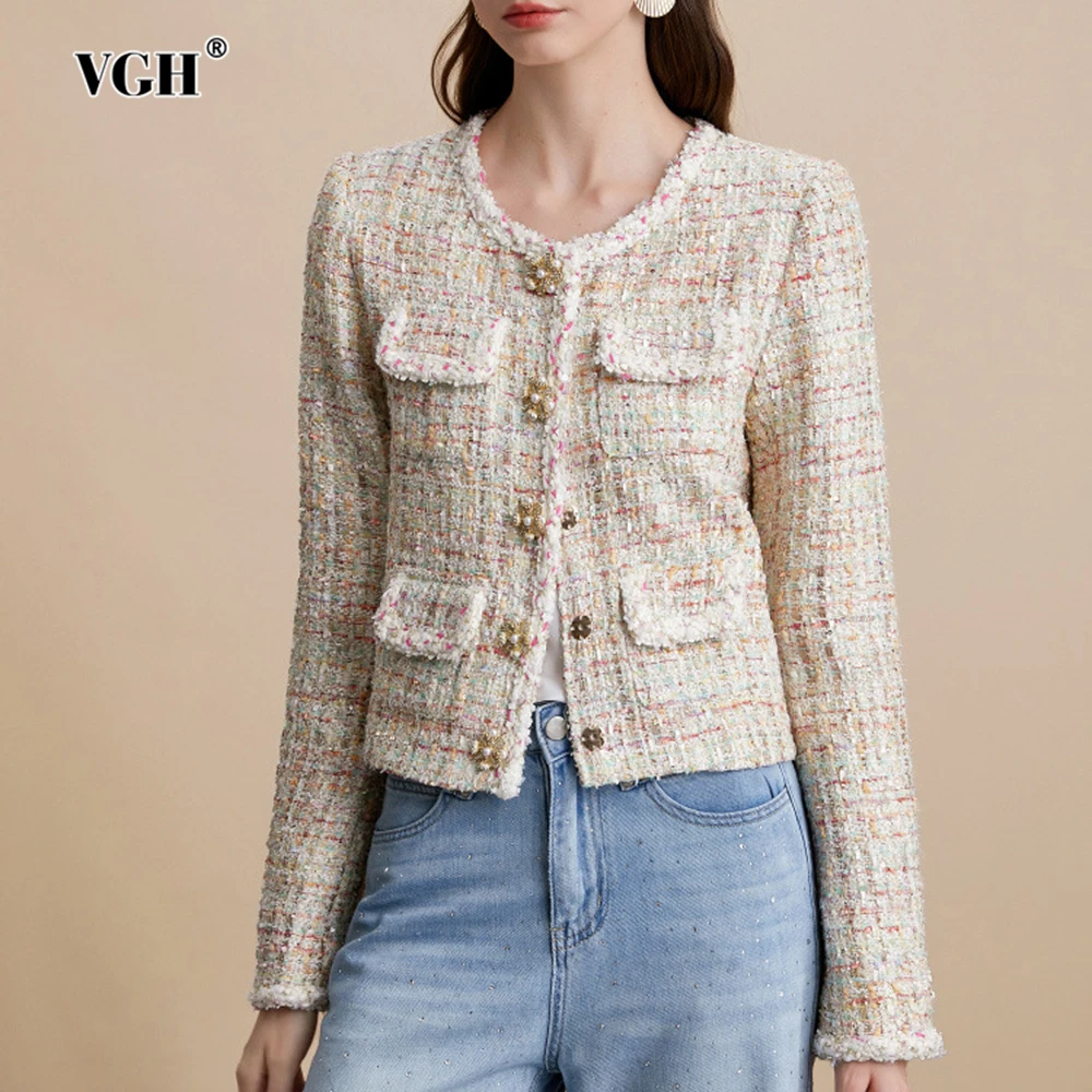 

VGH Slimming Elegant Short Jackets For Women Round Neck Long Sleeve Spliced Button Autumn Temperament Jacket Female Fashion New
