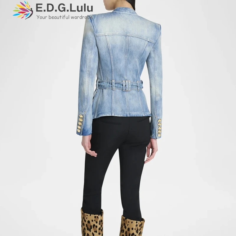 EDGLuLu 2025 가을 패션 V넥 다중 포켓 데님 재킷 여성 레저 스트리트 긴 소매 슬림 데님 재킷+벨트0907