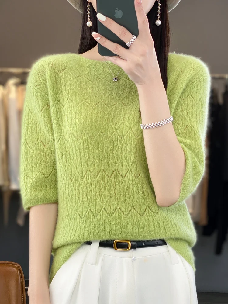 

2024 Women's Half Sleeve Knitted Sweaters 100% Merino Wool Pullover Spring Summer O-Neck Hollow Cashmere T-Shirt Female Clothing