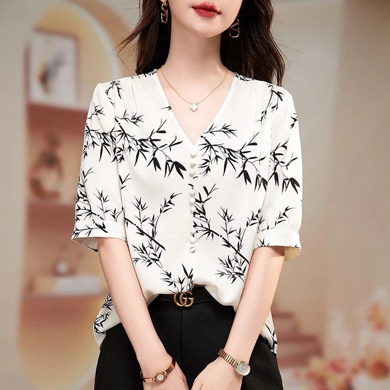 

Summer Elegant Fashion Printed Short Sleeve Shirt Women's Clothing Loose Beading V-Neck Chiffon Blouse for Female Blusas Mujer