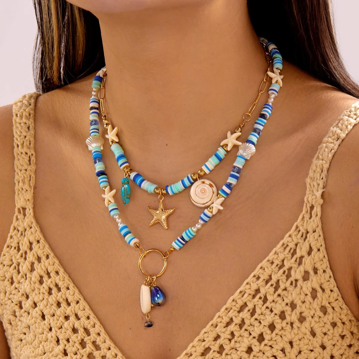 Halskette mit Seestern, Muschel, Schildkröte und Quaste aus Kunstharz für Damen und Herren, doppellagig, blau, aus weicher Tonperlen, Sommer-Strandschmuck – Detail 12