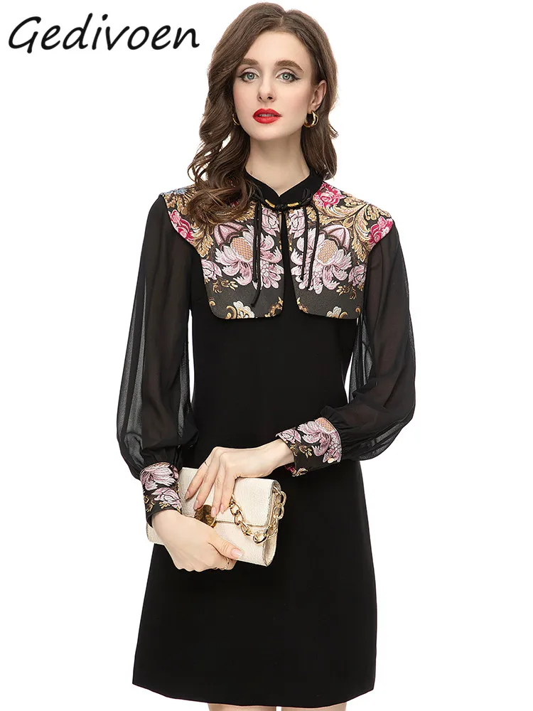 

Gedivoen Spring Fashion Runway Vintage Mesh Spliced Dress Women Stand Collar Shawl Button Embroidery High Waist Slim Mini Dress