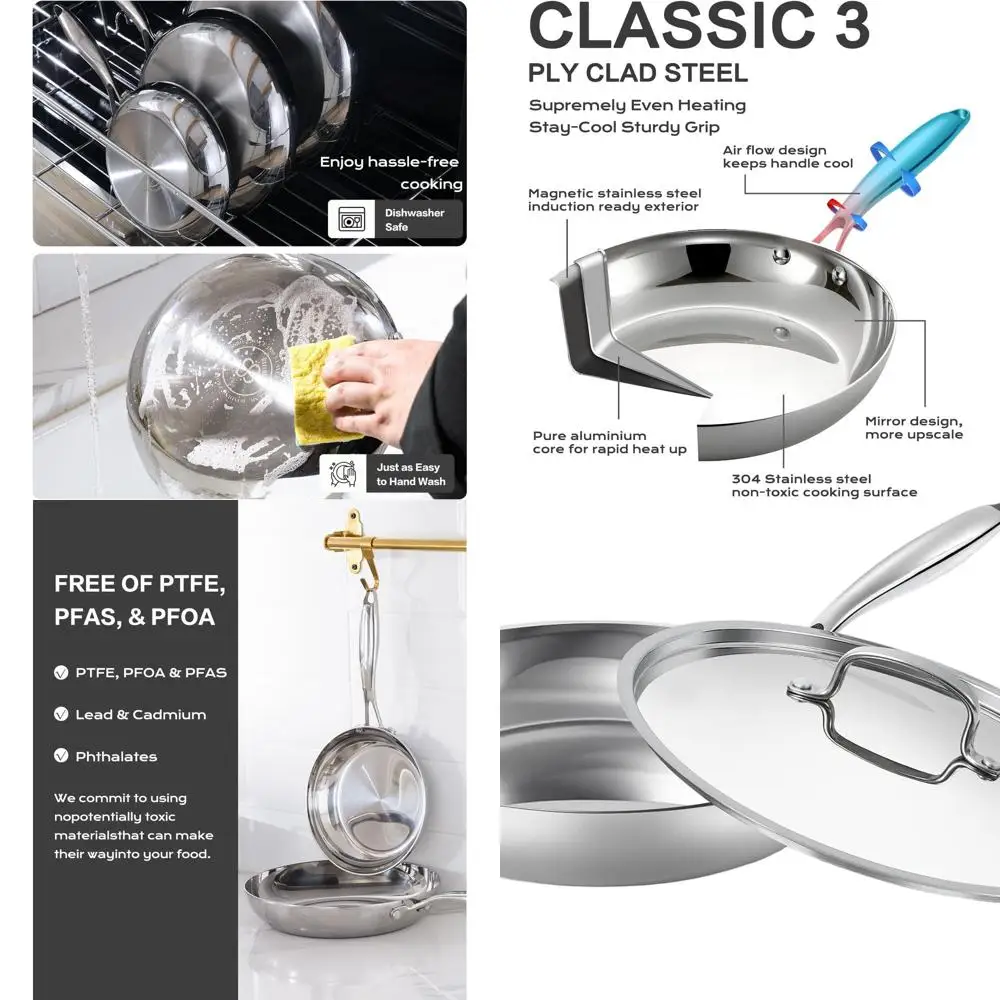 

12 Stainless Steel Fry Pan with Lid - 3-Ply Clad, Even Heat, Oven Safe to 600℉, Dishwasher Safe, Suitable for All Cooktops