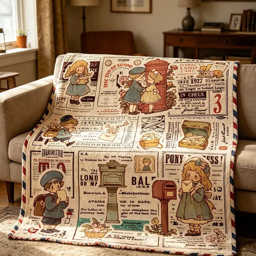 Vintage Newspaper Cartoon Fleece Blanket Soft Warm Flannel Blanket Lightweight Anti‑Bacterial Throw Blanket For Sofa Bed Dorm Ho