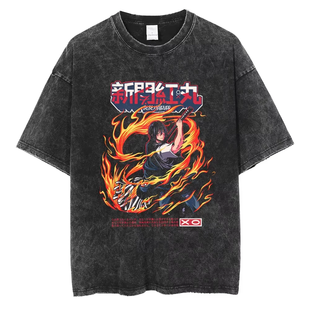 Fire Force Shinra Kusakabe T-Shirt Men Women Cotton Graphic Printed Manga Vintage Washed Streetwear Oversized Unisex Anime
