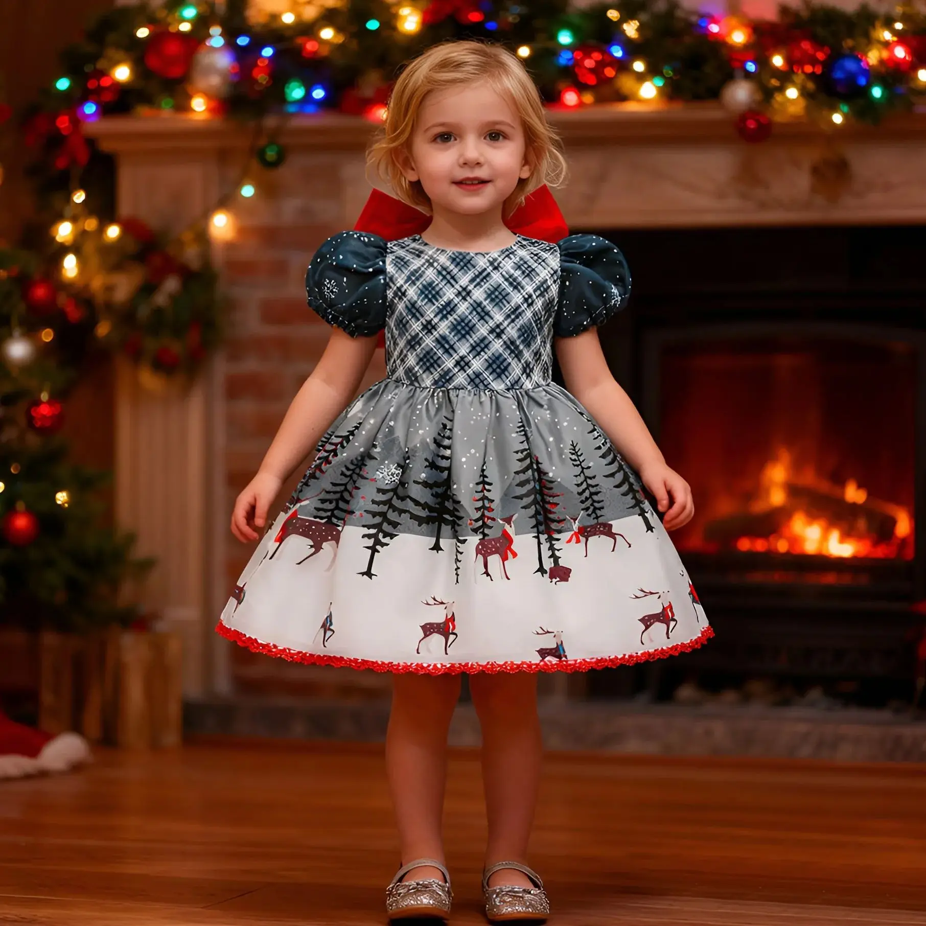 

New Children's Christmas Green Fairy Plaid Big Bow Dress Girls Santa Claus Gown For Kids Festival Party Ball Performance Dress