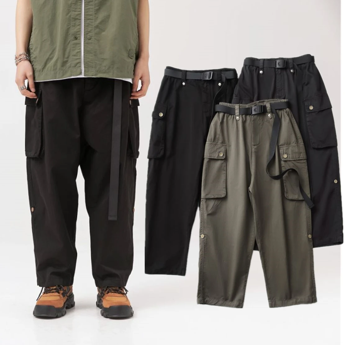 

Withered Japanese Vintage Washed Side Of Pockets Cargo Pants Fashion Buckle Straight Loose Trousers Man