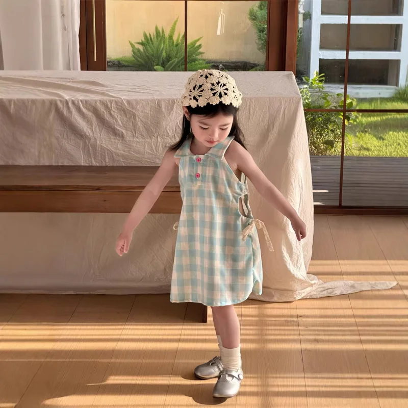 Be careful2026Girls' Summer Sweet Blue Plaid Sleeveless Dress with Waist Cutout, Tank Dress, Princess Dress