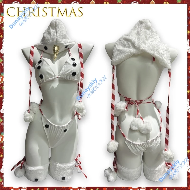 Сексуальное белье-бикини со снеговиком и белым мехом, рождественский костюм для ролевых игр, ночная одежда для сна, клубная одежда