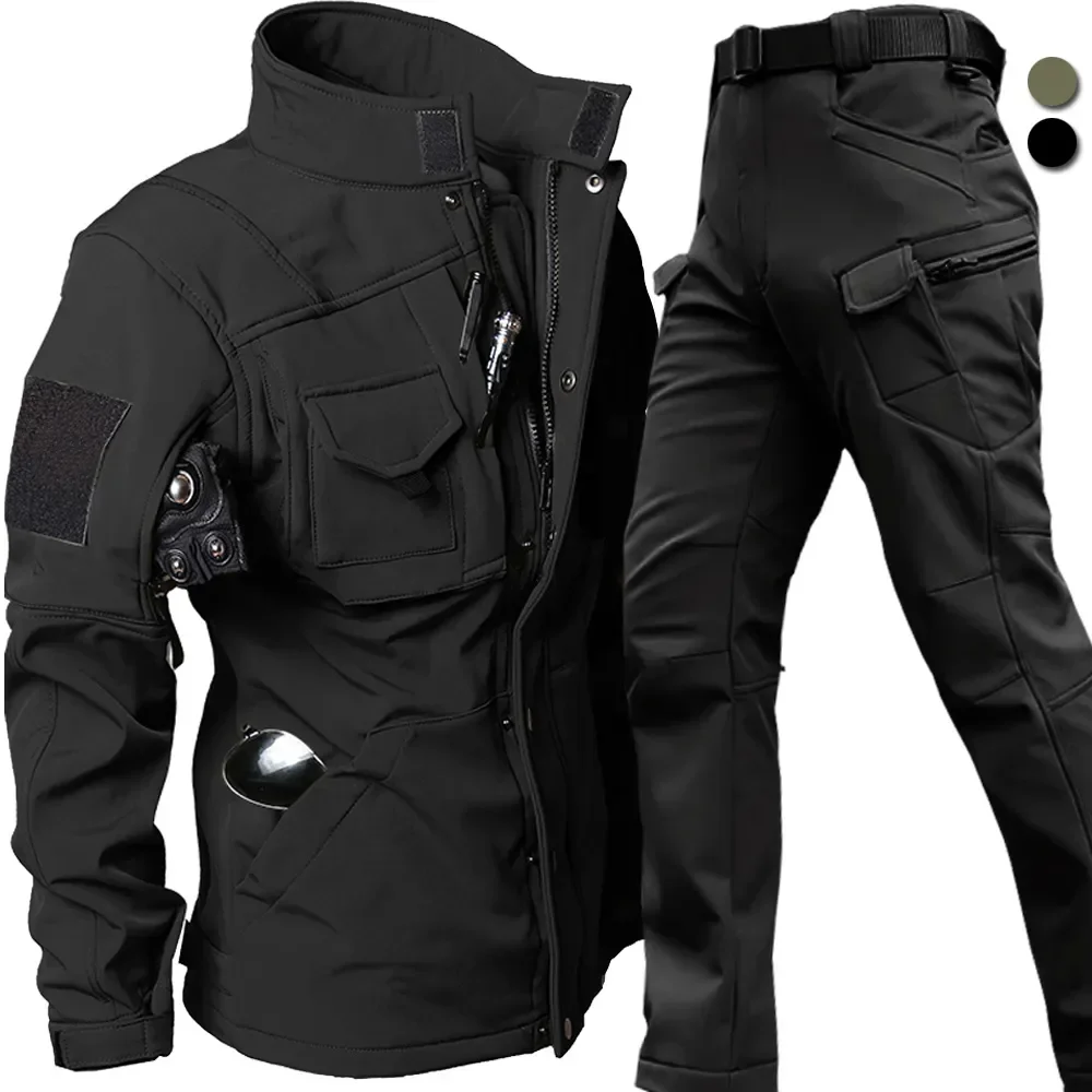 À prova de vento à prova dwindproof água terno motociclista dos homens jaqueta tática calças define inverno pele tubarão militar casca macia uniforme casacos lã quente