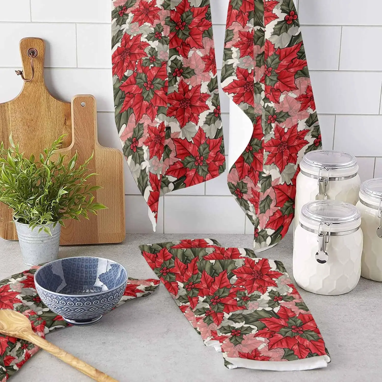 

Рождественские растения, красные цветы, кухонная посуда, чайные полотенца, чистящие средства, быстросохнущие салфетки для бара, рождественские украшения