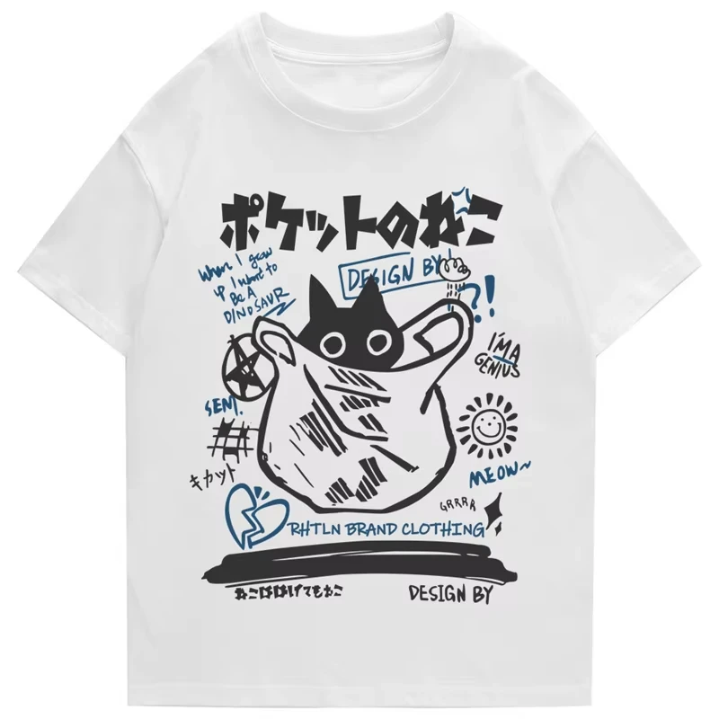 الهيب هوب تي شيرت الرجال الشارع الشهير اليابانية كانجي مضحك القط مطبوعة تي شيرت 2023 الرجال Harajuku القطن عادية كم قصير التي شيرت بلايز #4