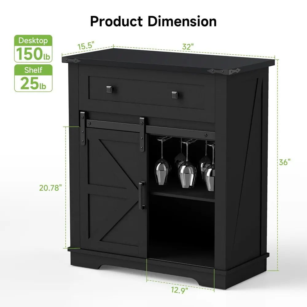Mueble de Barra para Café, Aparador Estilo Rústico con Almacenamiento, Estante para Copas de Vino, Puerta Corredera Tipo Granero, Mesa Buffet para Cocina