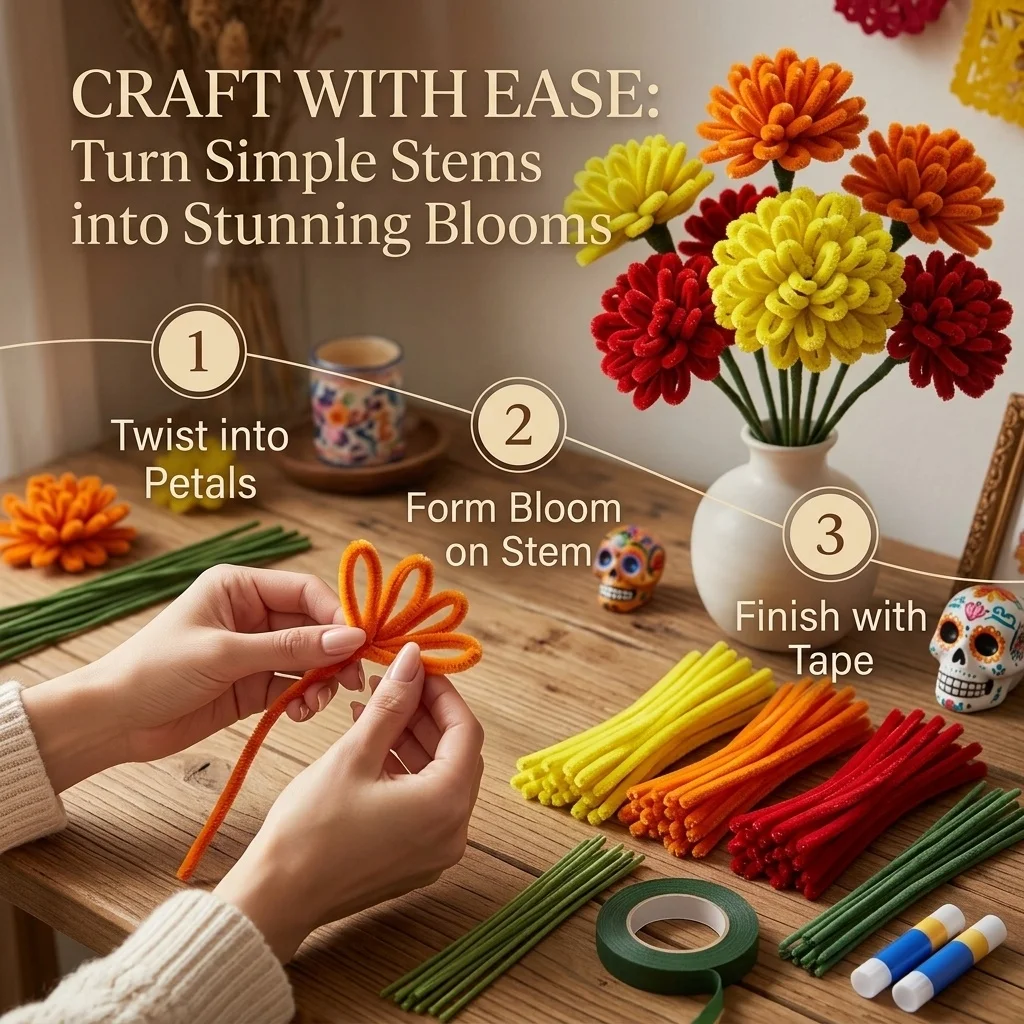 Hot Sale Mexico Vintage Artificial Marigold Flowers DIY Pipe Cleaner Bouquets Simple Retro for Living Room Home  Vase Decor
