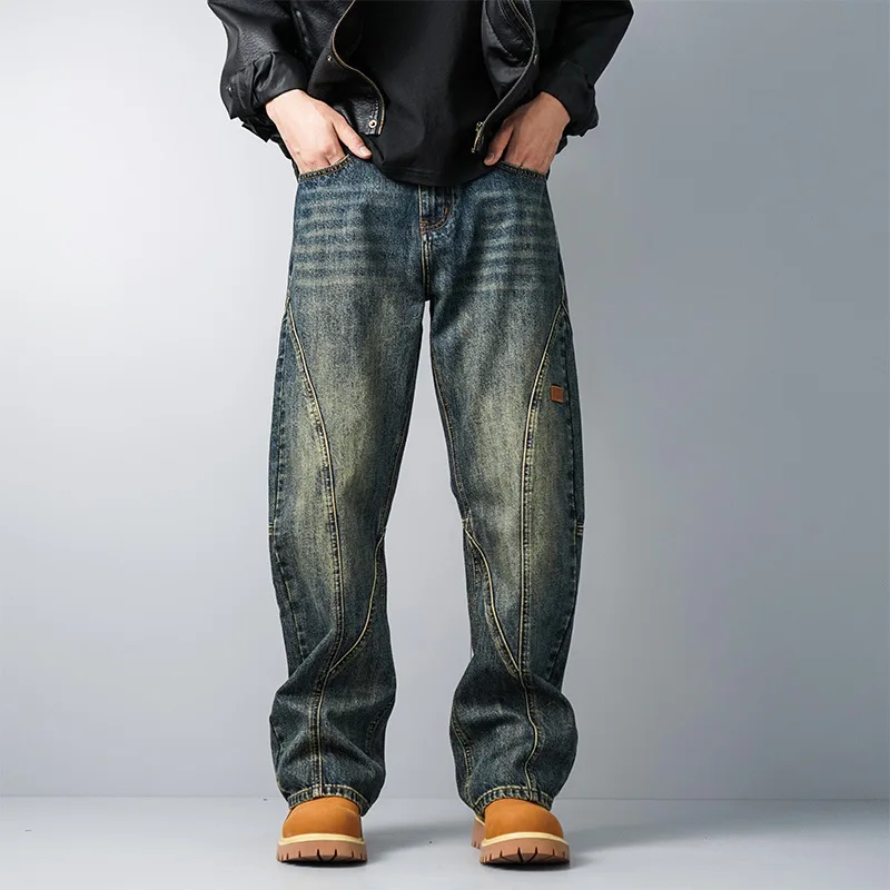 

Four Seasons Men's Amercian Style Spliced Washed Retro Blue Jeans Pants Loose Wide Leg Trendy Casual Dtraight Denim Trousers